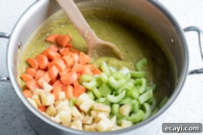 Homestyle Split Pea Soup 4 Vegetables added to simmering Split Pea Soup