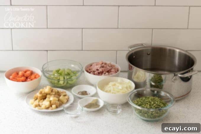 Fresh and simple ingredients for a wholesome Split Pea Soup recipe. All the fresh ingredients laid out for making homemade Split Pea Soup