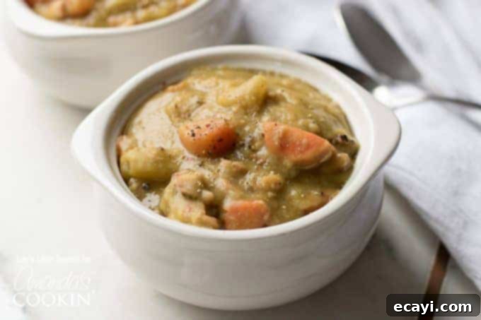 Two inviting bowls of classic Split Pea Soup ready to be enjoyed. Two bowls of Split Pea Soup garnished with fresh parsley