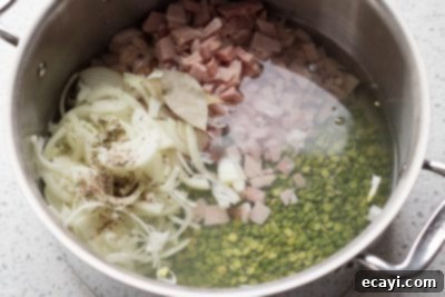 Homestyle Split Pea Soup 3 Split Pea Soup ingredients simmering in a pot