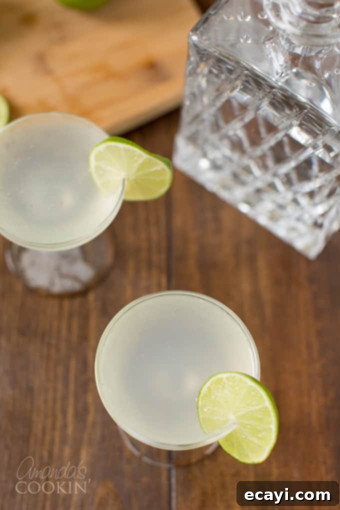 Learn to make a classic Gimlet cocktail in your own kitchen. Be sure to pull out the coupe glasses for a traditional lime adult drink you will love. #gimletrecipe #gimlet #gimletcocktail #cocktails #cocktailrecipes #gin #limejuice #ginrecipes #gindrinks #classiccocktails overhead view of two coupe glasses with gin gimlet cocktails