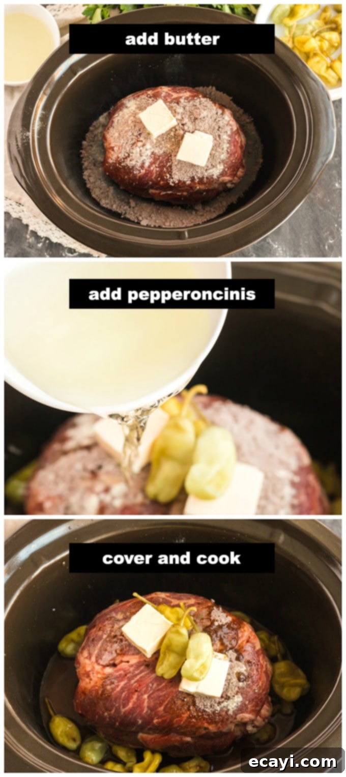 Effortless Southern Pot Roast Magic 4 A slow cooker filled with Mississippi pot roast, showing the tender beef and rich gravy after hours of cooking.