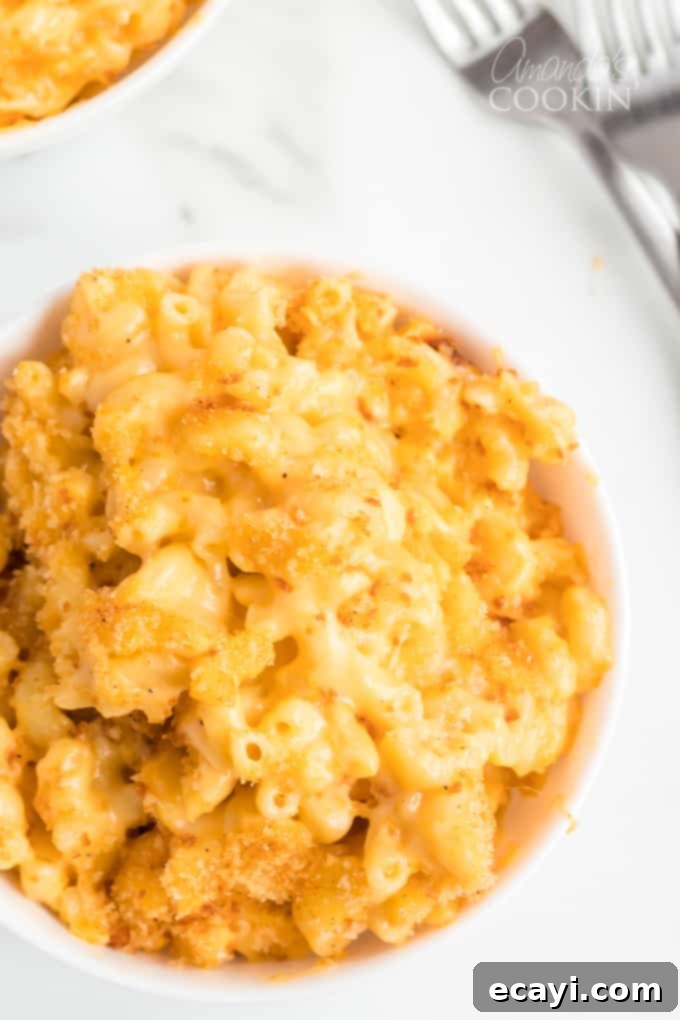 Homemade baked macaroni and cheese is pure comfort food, just like grandma used to make. This baked mac and cheese recipe is easy to make and uses a delicious homemade creamy cheese sauce and is topped with crunchy bread crumbs. I'll show you how to make good old fashioned baked macaroni and cheese that's a true classic! #bakedmacaroniandcheese #bakedmacandcheese #macaroniandcheese #easymacandcheese #homemademacandcheese #howtomakemacaroniandcheese #elbowmacaroni #cheddarcheese #casserolerecipe A rustic bowl filled with golden-brown baked mac and cheese, showcasing the creamy interior and crispy topping.