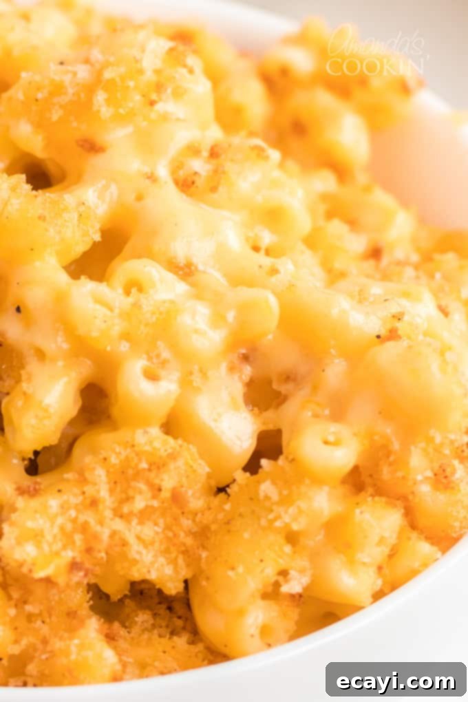 Homemade baked macaroni and cheese is pure comfort food, just like grandma used to make. This baked mac and cheese recipe is easy to make and uses a delicious homemade creamy cheese sauce and is topped with crunchy bread crumbs. I'll show you how to make good old fashioned baked macaroni and cheese that's a true classic! #bakedmacaroniandcheese #bakedmacandcheese #macaroniandcheese #easymacandcheese #homemademacandcheese #howtomakemacaroniandcheese #elbowmacaroni #cheddarcheese #casserolerecipe A close-up shot of creamy, golden baked macaroni and cheese, showing its rich texture and perfectly melted cheese.