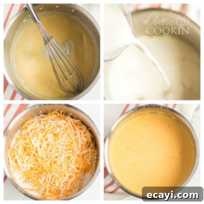 Homemade baked macaroni and cheese is pure comfort food, just like grandma used to make. This baked mac and cheese recipe is easy to make and uses a delicious homemade creamy cheese sauce and is topped with crunchy bread crumbs. I'll show you how to make good old fashioned baked macaroni and cheese that's a true classic! #bakedmacaroniandcheese #bakedmacandcheese #macaroniandcheese #easymacandcheese #homemademacandcheese #howtomakemacaroniandcheese #elbowmacaroni #cheddarcheese #casserolerecipe Step-by-step image showing melted butter and flour being whisked together in a saucepan to form a roux, the base of the cheese sauce.