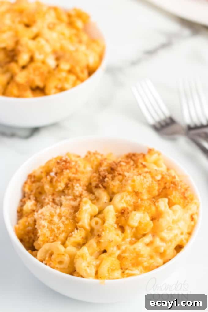 Homemade baked macaroni and cheese is pure comfort food, just like grandma used to make. This baked mac and cheese recipe is easy to make and uses a delicious homemade creamy cheese sauce and is topped with crunchy bread crumbs. I'll show you how to make good old fashioned baked macaroni and cheese that's a true classic! #bakedmacaroniandcheese #bakedmacandcheese #macaroniandcheese #easymacandcheese #homemademacandcheese #howtomakemacaroniandcheese #elbowmacaroni #cheddarcheese #casserolerecipe A large, inviting bowl of freshly baked macaroni and cheese casserole, hot from the oven with a golden crust.