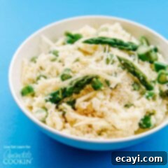 Velvety Cauliflower Risotto 2 A bowl of creamy cauliflower risotto, garnished for serving.