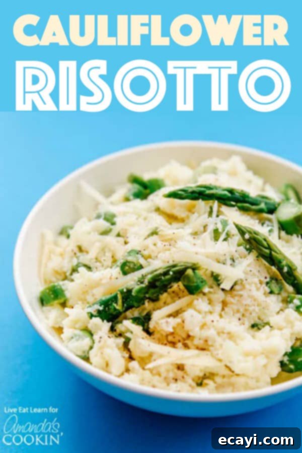 Enjoy Your Healthy and Creamy Cauliflower Risotto – A Perfect Low-Carb Dinner. #risotto #lowcarb #asparagus #cauliflowerrice #cauliflowerrecipes #dinnerrecipes #garlic #vegetarian A serving of creamy low-carb cauliflower risotto in a white bowl, ready to be enjoyed as a healthy and flavorful meal.