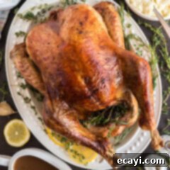 Golden Glazed Turkey 11 Close up photo of Roasted Turkey on a white serving platter surrounded by herbs and lemon slices