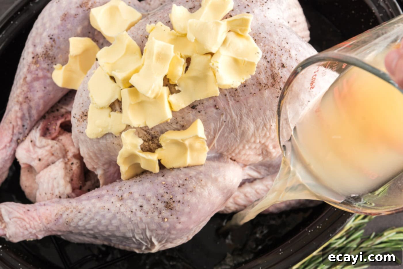 Golden Glazed Turkey 7 pouring chicken broth into roasting pan with turkey