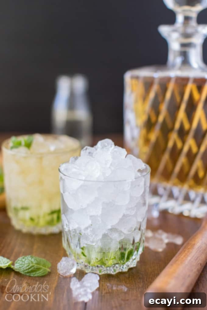 The classic Mint Julep, signature drink of the Kentucky Derby, is made with bourbon whiskey and served in a highball glass or a silver julep cup. Ensure you have plenty of crushed ice for this cocktail recipe. Highball glass filled with perfectly crushed ice, setting the stage for a frosty Mint Julep.