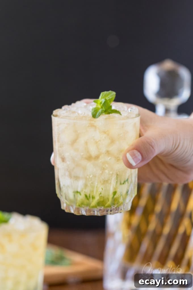 The classic Mint Julep, signature drink of the Kentucky Derby, is made with bourbon whiskey and served in a highball glass or a silver julep cup. Enjoy this easy cocktail recipe for a taste of elegance. Hand holding a frosty glass of Mint Julep, garnished with fresh mint, highlighting the finished cocktail.