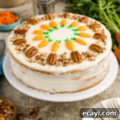 Spiced Carrot Delight 16 Carrot Cake with cream cheese frosting and piped carrots on a cake stand