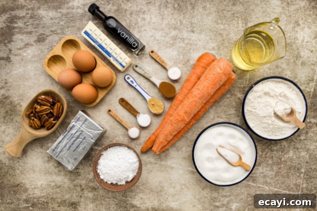Spiced Carrot Delight 4 A flat lay photograph showcasing all the fresh ingredients laid out for baking a homemade carrot cake, including carrots, flour, sugar, eggs, and spices.