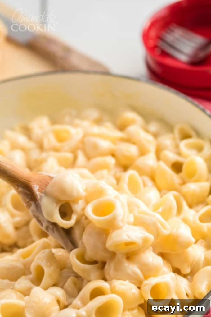 Master the art of homemade Panera mac and cheese! This copycat recipe is creamy, delicious, and brings restaurant flavor right to your kitchen. #panera #macandcheese #macaroni #cheese #copycatrecipes #dinnersides A wooden spoon stirring a bowl of freshly prepared homemade Panera mac and cheese, highlighting its smooth, golden cheese sauce.