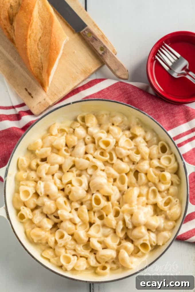 Get ready to make the best homemade mac and cheese! This Panera copycat recipe delivers restaurant-quality creamy goodness. #panera #macandcheese #macaroni #cheese #copycatrecipes #dinnersides A large pot filled with the bubbling, golden deliciousness of freshly made Panera mac and cheese, ready for serving.