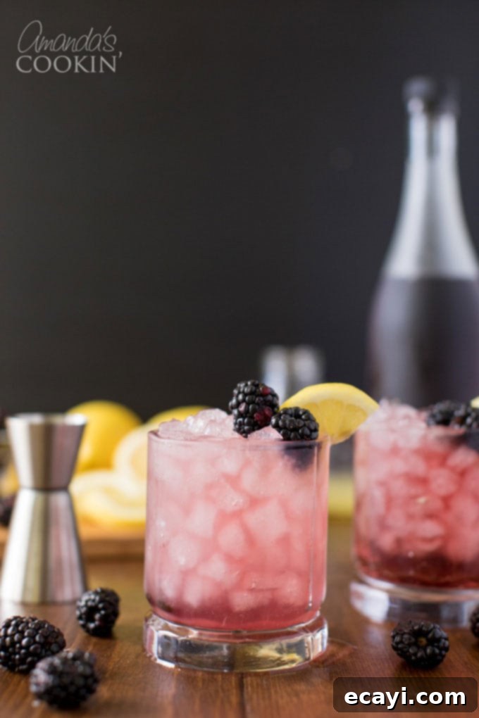 Perfectly Crafted Bramble Cocktail with Blackberry and Lemon Garnish Single glass of a perfectly garnished Bramble cocktail, featuring fresh blackberries and a lemon slice on the rim, set against a soft background.
