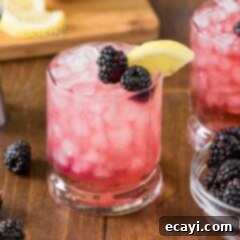 Bramble Gin Elixir 2 Close up of a delicious Bramble drink, garnished with blackberries and a lemon slice.