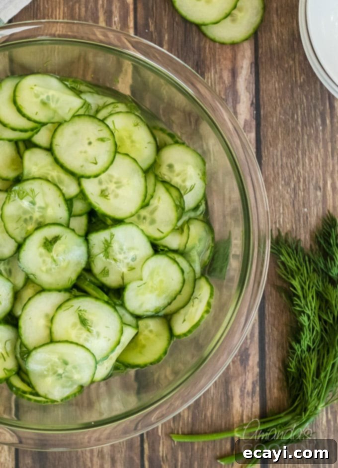 This classic cucumber salad is made with a homemade vinegar dressing and fresh dill. It's the vinegar cucumber salad your grandma used to make! #cucumbersalad #vinegarcucumbersalad #potluckrecipes #saladrecipes #cucumbersaladrecipes #amandascookin Classic cucumber salad with a homemade vinegar dressing and fresh dill in a large glass bowl, ready to be served