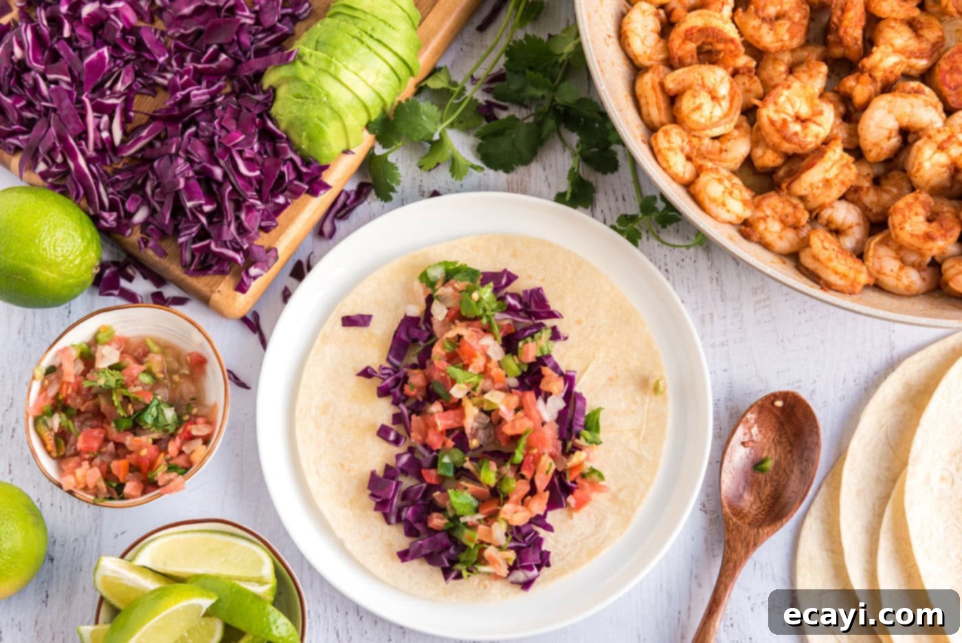 Zesty Shrimp Tacos 7 tortilla with cabbage, avocado, and fresh salsa