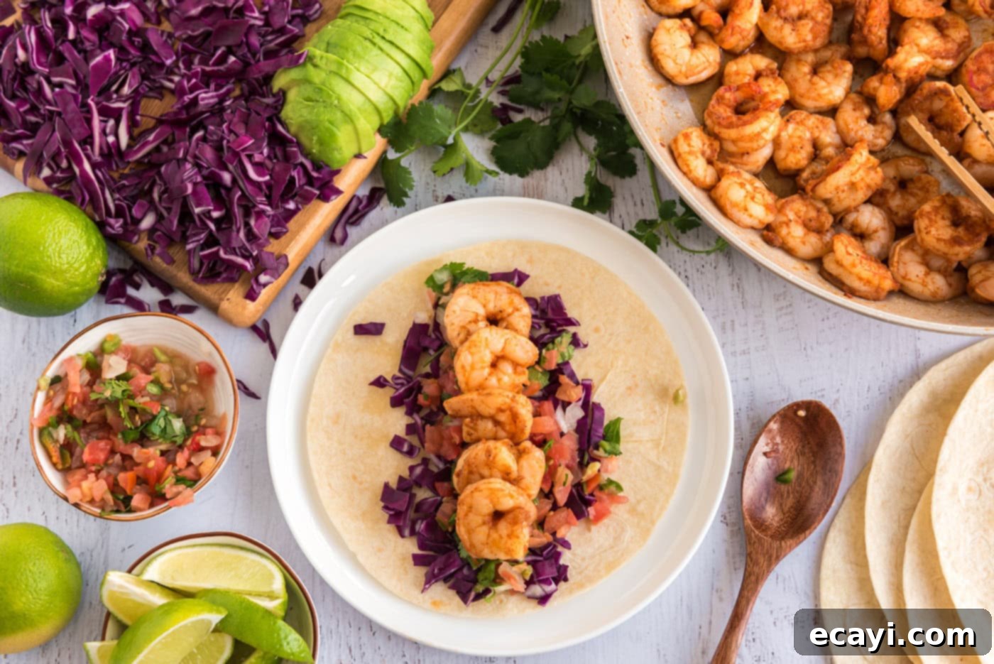 Zesty Shrimp Tacos 8 shrimp tacos with cabbage, avocado, and fresh salsa