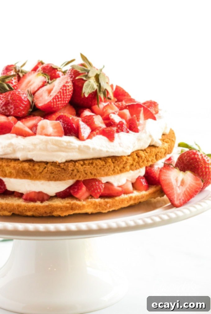 Whole Strawberry Shortcake Cake for Parties A beautifully assembled two-layer homemade strawberry shortcake cake, adorned with fresh strawberries and whipped cream, resting on a elegant cake plate.