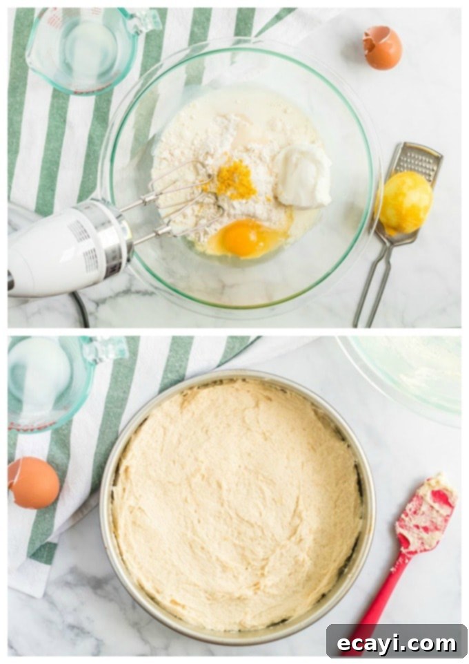 Berry Sweet Adventures 2 Fig. 1 shows cake batter being mixed in a bowl; Fig. 2 shows the thick batter being spread evenly into a prepared cake pan.