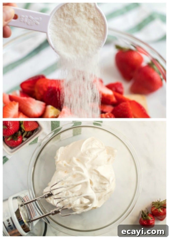 Berry Sweet Adventures 3 Fig. 1 illustrates sprinkling granulated sugar over sliced strawberries to macerate; Fig. 2 shows fresh heavy whipping cream being beaten to soft peaks in a bowl.