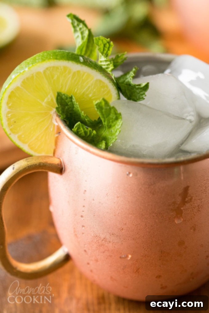 How do you make a Moscow Mule? Vodka, spicy ginger beer, and lime juice come together to make the best Moscow Mule cocktail! And of course, don't forget the mint! #moscowmule #moscowmulerecipe #howtomakeamoscowmule #cocktailrecipes #vodkarecipes #amandascookin close up photo of moscow mule with lime and mint garnish in copper mug
