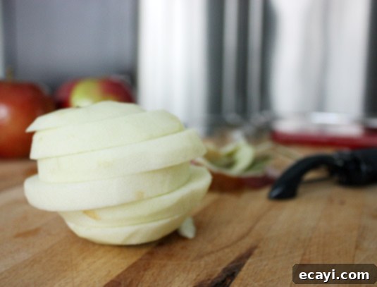 Peel the apples, then cut each apple into 4 thick slices. Peel the apples, then cut each apple into 4 thick slices.