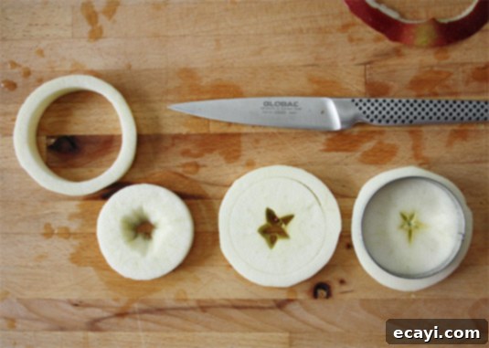 Using a round cookie cutter slightly larger than the bottom of one of the muffin molds, cut out apple rounds, then carefully remove the pits and core, making sure not to break each round. Using a round cookie cutter slightly larger than the bottom of one of the muffin molds, cut out apple rounds, then carefully remove the pits and core, making sure not to break each round.