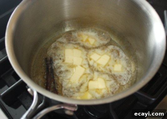Making caramel: Stir in the butter Making caramel: Stir in the butter