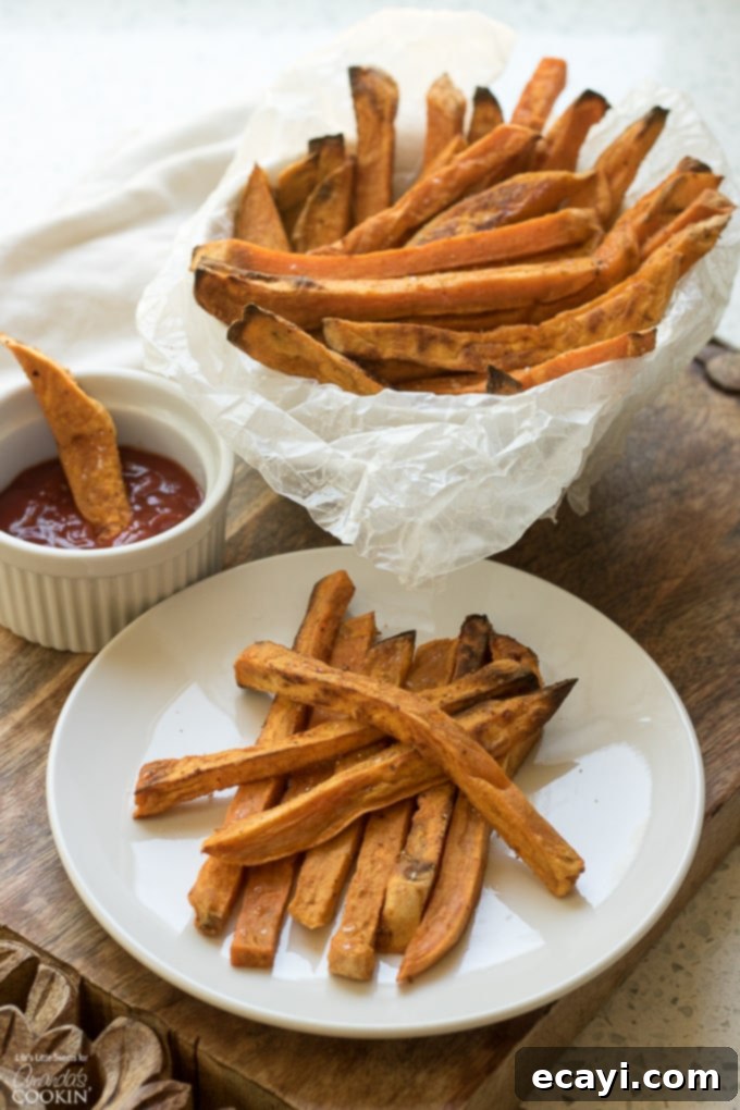 Baked Sweet Potato Fries are a delicious side dish that are good for you! Baking beats frying for this tasty snack, reminiscent of the drive thru. Sweet Potato Fries