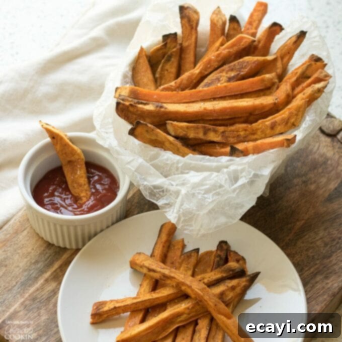 Baked Sweet Potato Fries are a delicious side dish that are good for you! Baking beats frying for this tasty snack, reminiscent of the drive thru. Sweet Potato Fries on a plate and side of ketchup
