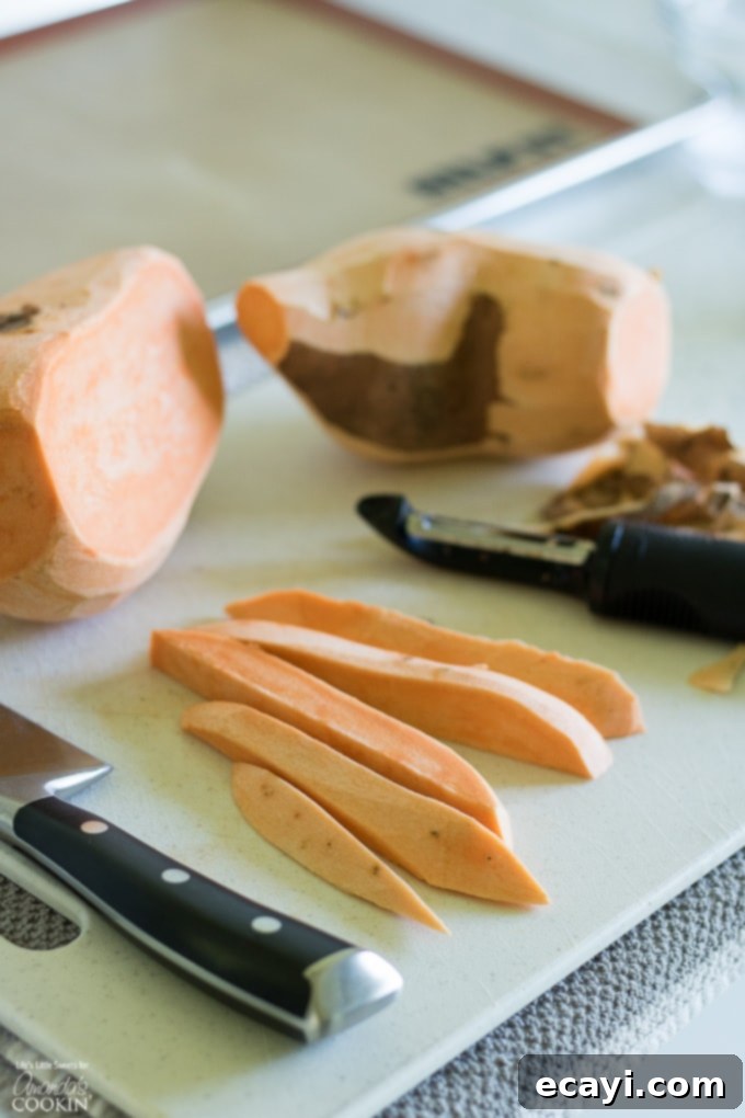 Baked Sweet Potato Fries are a delicious side dish that are good for you! Baking beats frying for this tasty snack, reminiscent of the drive thru. Skin and cut your sweet potatoes