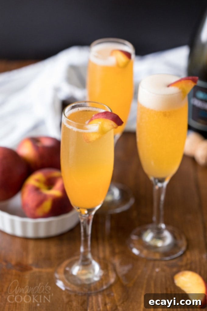 Commonly called a peach bellini, this combination of peach puree and Prosecco is served in a champagne flute and garnished with a fresh peach wedge. 3 peach bellinis