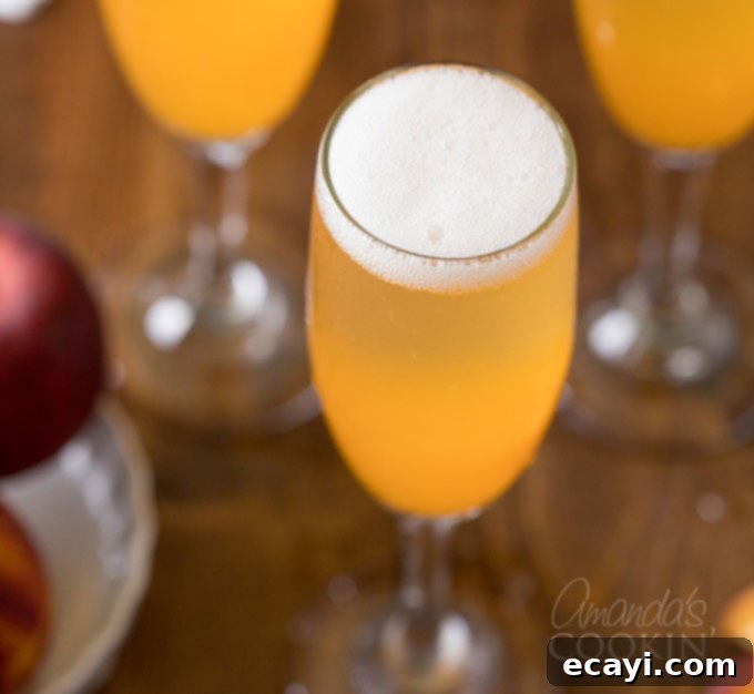 Commonly called a peach bellini, this combination of peach puree and Prosecco is served in a champagne flute and garnished with a fresh peach wedge. fizzy top of bellini