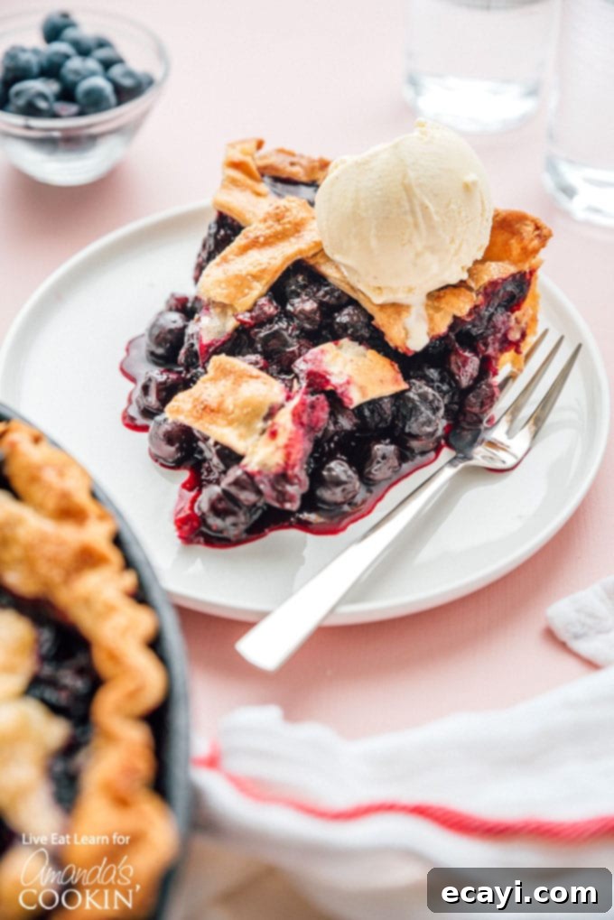 Blueberry Pie is a timeless classic. This recipe will show you how to make the perfect blueberry pie for your next party or get together. blueberry pie slice with ice cream