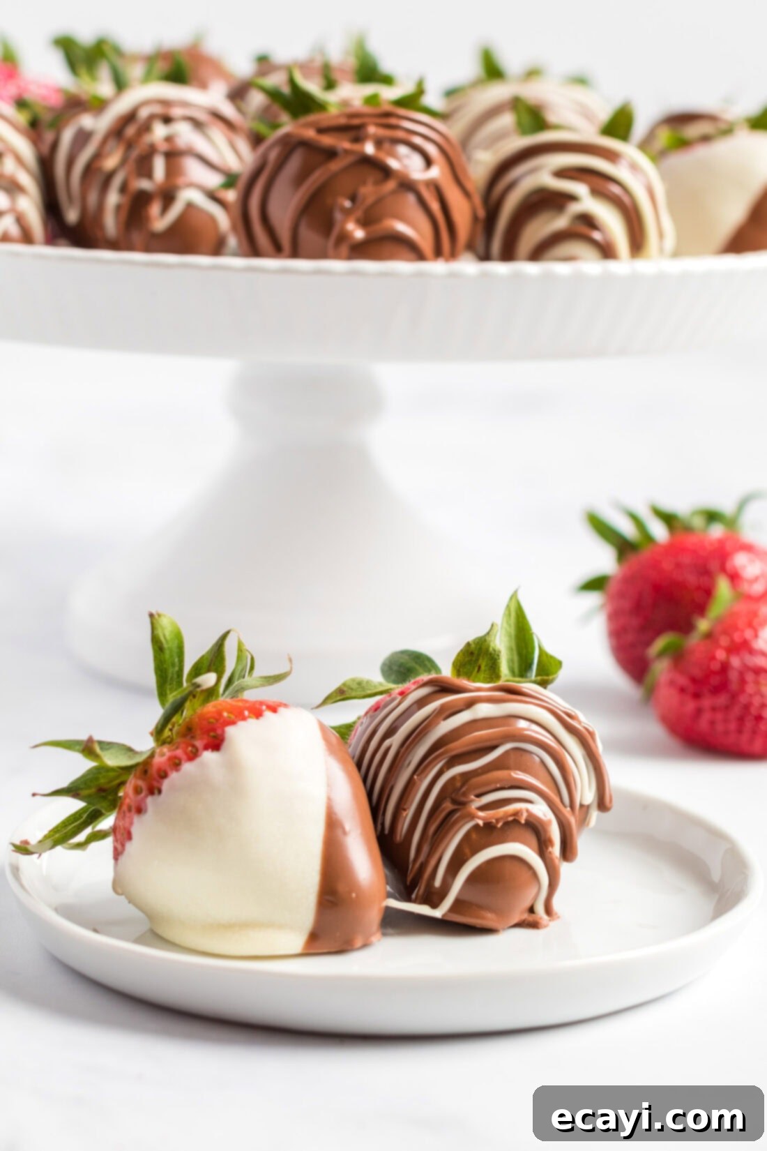 Indulgent Chocolate-Dipped Strawberries 3 Two pristine Chocolate Covered Strawberries on a plate with more in the background