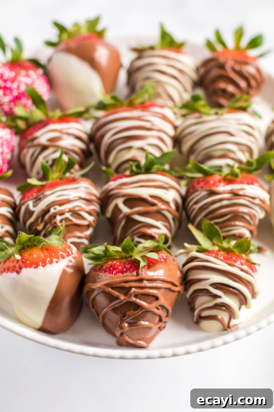 Indulgent Chocolate-Dipped Strawberries 9 Close up photo of beautifully decorated Chocolate Covered Strawberries on a plate