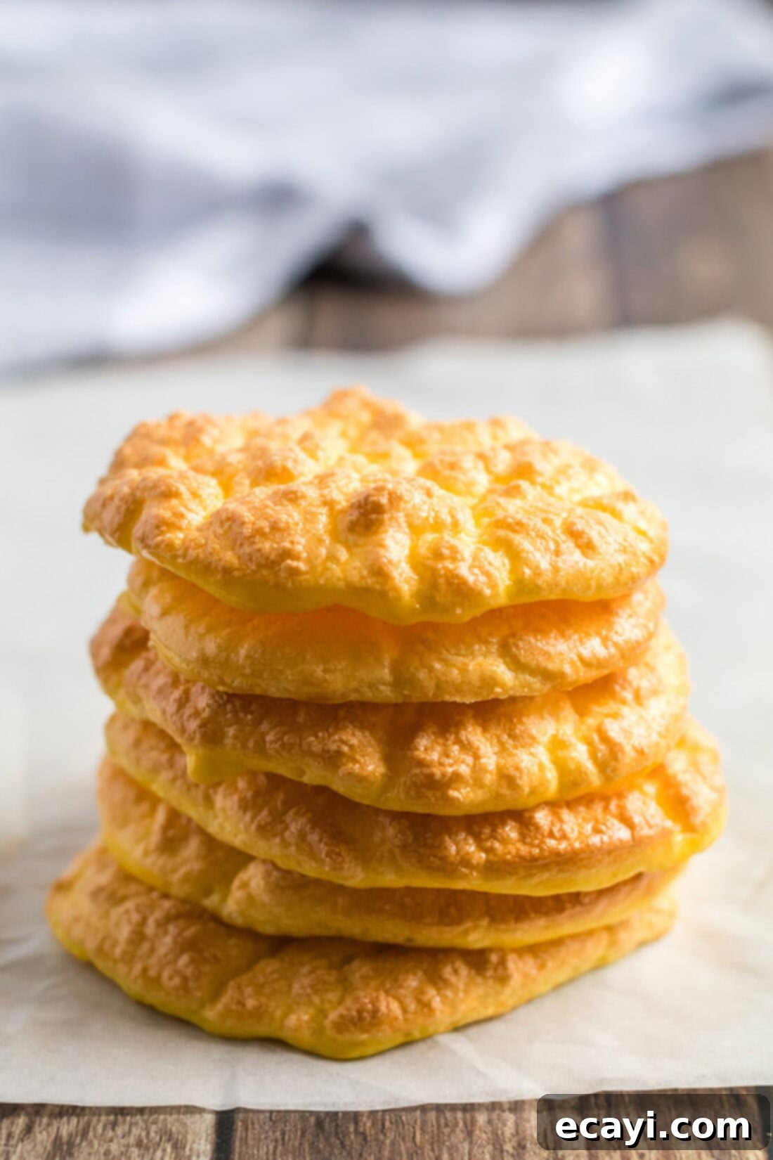 Airy Cloud Dream 2 Stack of fluffy, golden-brown cloud bread discs, perfect for low-carb sandwiches and wraps