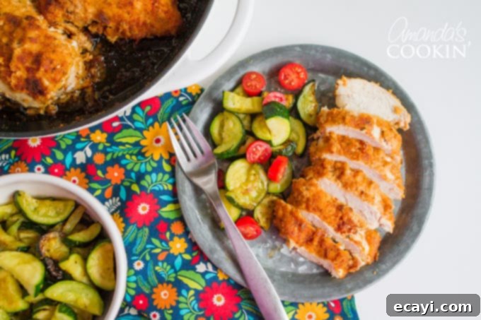 This spicy oven fried chicken gets its flavor from the spicy marinade. Be sure to marinate the chicken the suggested amount of time for perfect results! Sliced Spicy Oven Fried Chicken on plate
