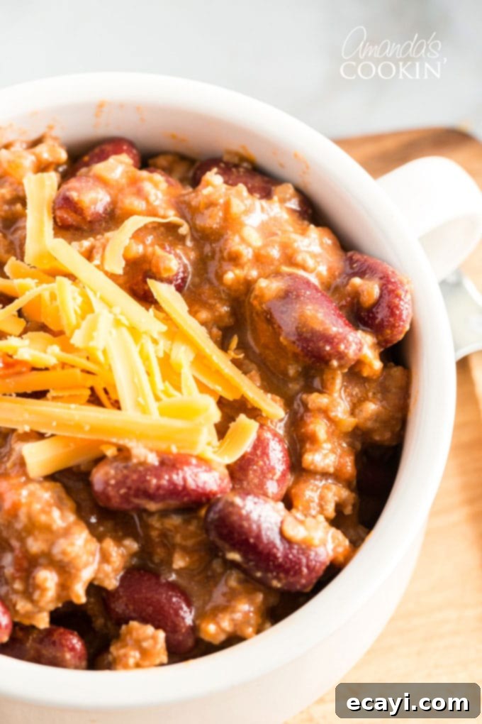 Classic Homemade Chili 2 Close-up of a steaming bowl of rich homemade chili, perfect for comfort food