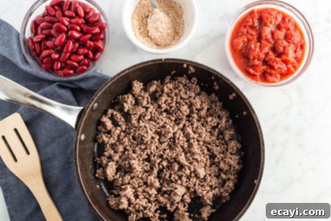 Classic Homemade Chili 4 Ground beef browned in a large skillet, ready for the next steps of the chili recipe