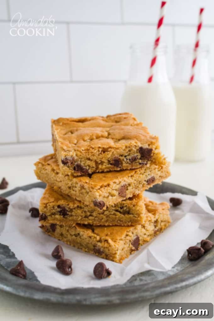 Golden Chocolate Chip Blondies 2 Delicious and chewy Chocolate Chip Blondies recipe, featuring a delightful mix of peanut butter and milk chocolate chips.