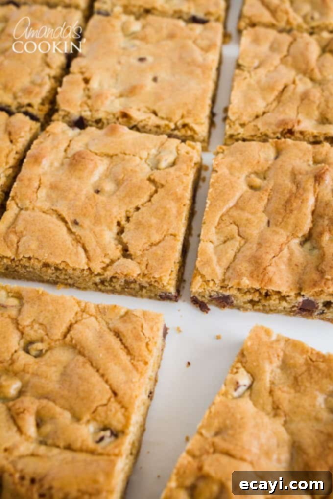 Golden Chocolate Chip Blondies 4 Close-up of soft and chewy chocolate chip blondies, showcasing their golden-brown edges and gooey chocolate centers.