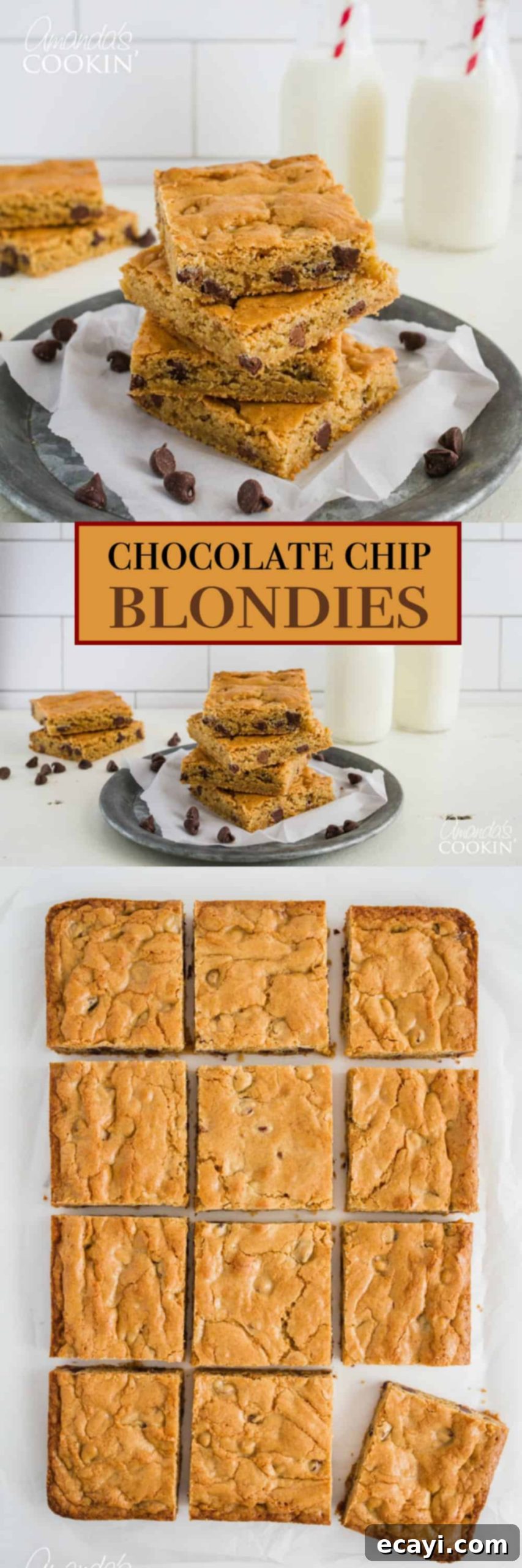 Golden Chocolate Chip Blondies 8 pinterest image with text for blondies