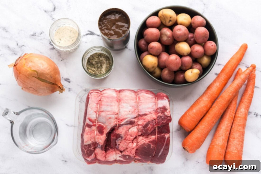Melt-in-Your-Mouth Slow Cooker Pot Roast 4 Various ingredients laid out for Crockpot Roast Beef: beef roast, canned gravy, dry Italian dressing mix, dry ranch dressing mix, water, a large onion, and chunked vegetables