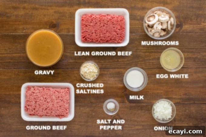 Homestyle Salisbury Steaks 3 An illustration or photo of key ingredients needed for Salisbury steak, including ground beef, onion, egg, and crackers.