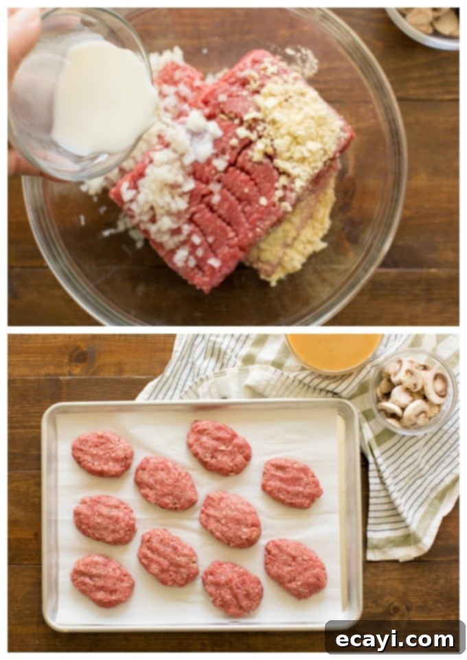 Homestyle Salisbury Steaks 4 Close-up of hands mixing ground beef with other ingredients in a bowl, preparing the Salisbury steak patties.